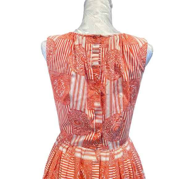 Vintage 1950s Sundress Sz Small Bernie Sobel Orange White Geometric Pleated - Picture 6 of 16
